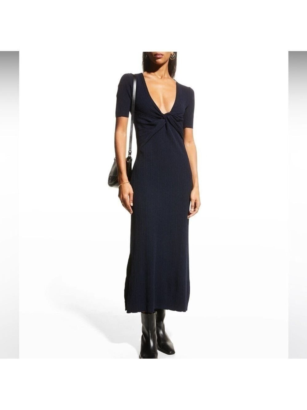 Frame Layered Ribbed Knit Wrap BodyCon Sweater Dress in Navy Size M